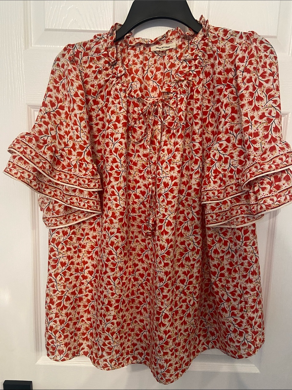Max Studio Women’s Red Floral Ruffle Sleeve Blouse